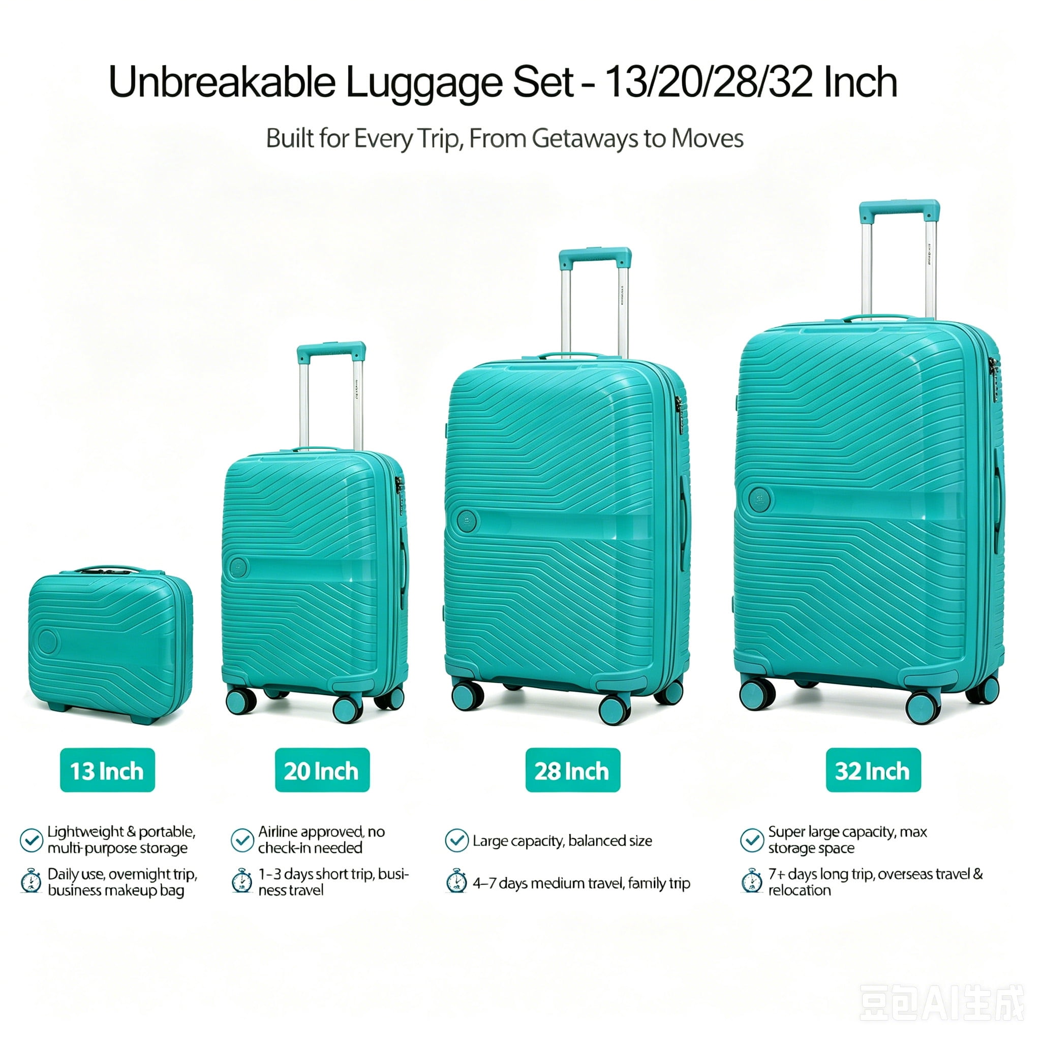 4 Piece Expandable ABS Luggage Set 13"+20"+28"+32", Hard Shell Spinner Suitcases with TSA Lock, Lightweight Travel Suitcase for Family Trip DK GREEN