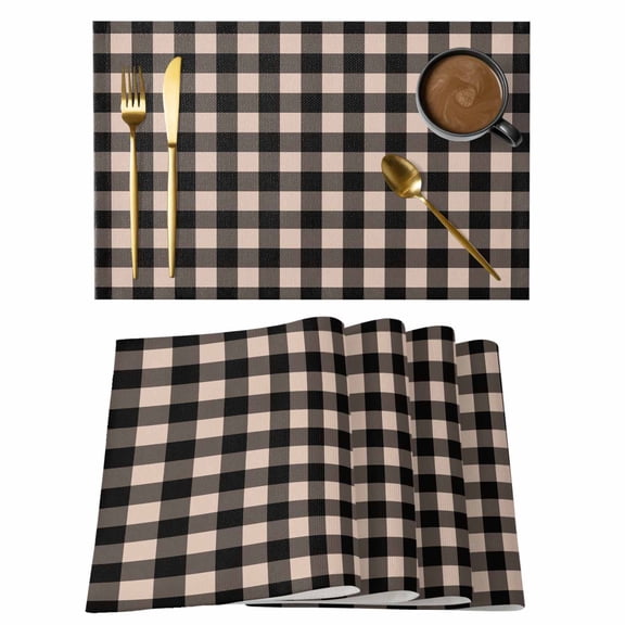 Black Plaid Placemats Set of 8, Vintage Country Gray Buffalo Check Gingham Placemats for Dining Table, Place Mats for Kitchen Tabletop, Waterproof Wipeable Dining Table Mats Set