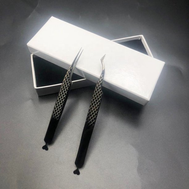 Pinzas negras de plasma, venta al por mayor, pinzas de extensión de pestañas con agarre de diamante y corazón de acero inoxidable sólido