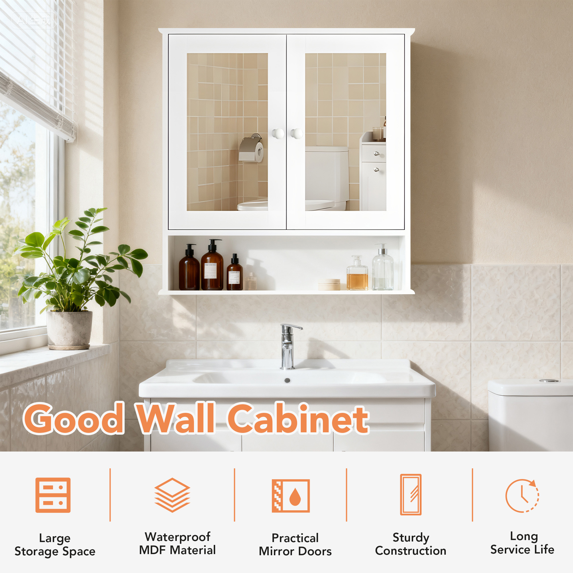 Dalattin Bathroom Medicine Cabinet, Storage Cabinet Wall Mounted with Mirror Doors & Shelves
