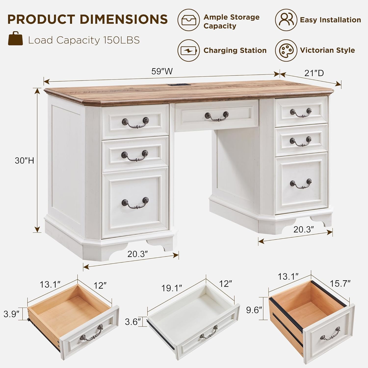 OKD 59" Farmhouse Office Desk，Rustic Desk - Engineered Wood，Corner Desk Charging Station，File drawer，For Study & Living Room Use