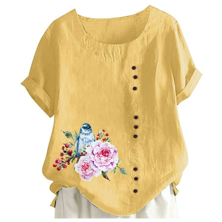 

LBECLEY Fancy Dress for Women Women s Printed Round Neck Raglan Sleeve Hem Slit Loose Short Sleeve Button Decoration Shirt Plus Size Lace Up Corset Dress Yellow S