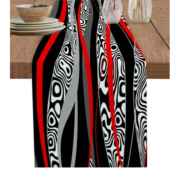 Table Runner Dresser Scarves 90 Inch Long, Abstract Red Black Stripe Linen Dining Table Runners Zebra Animal Skin Texture Tabletop Scarf for Wedding Holiday Party Kitchen