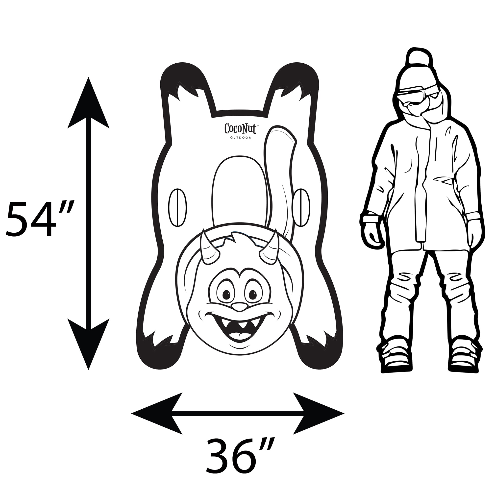 CocoNut Outdoor: Yeti Racer - 54x36" Snow Sled - Character Shaped Inflatable Winter Tobaggan, Cold Resistant PVC, 200lb Cap, Kids-Teens-Adults 8+