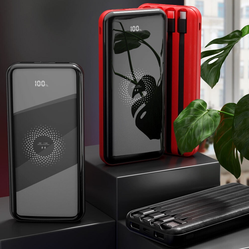 Fast Charging Power Bank with 4 USB Cables and 2 Inputs, Wireless Portable Power Bank for Travel Home Work