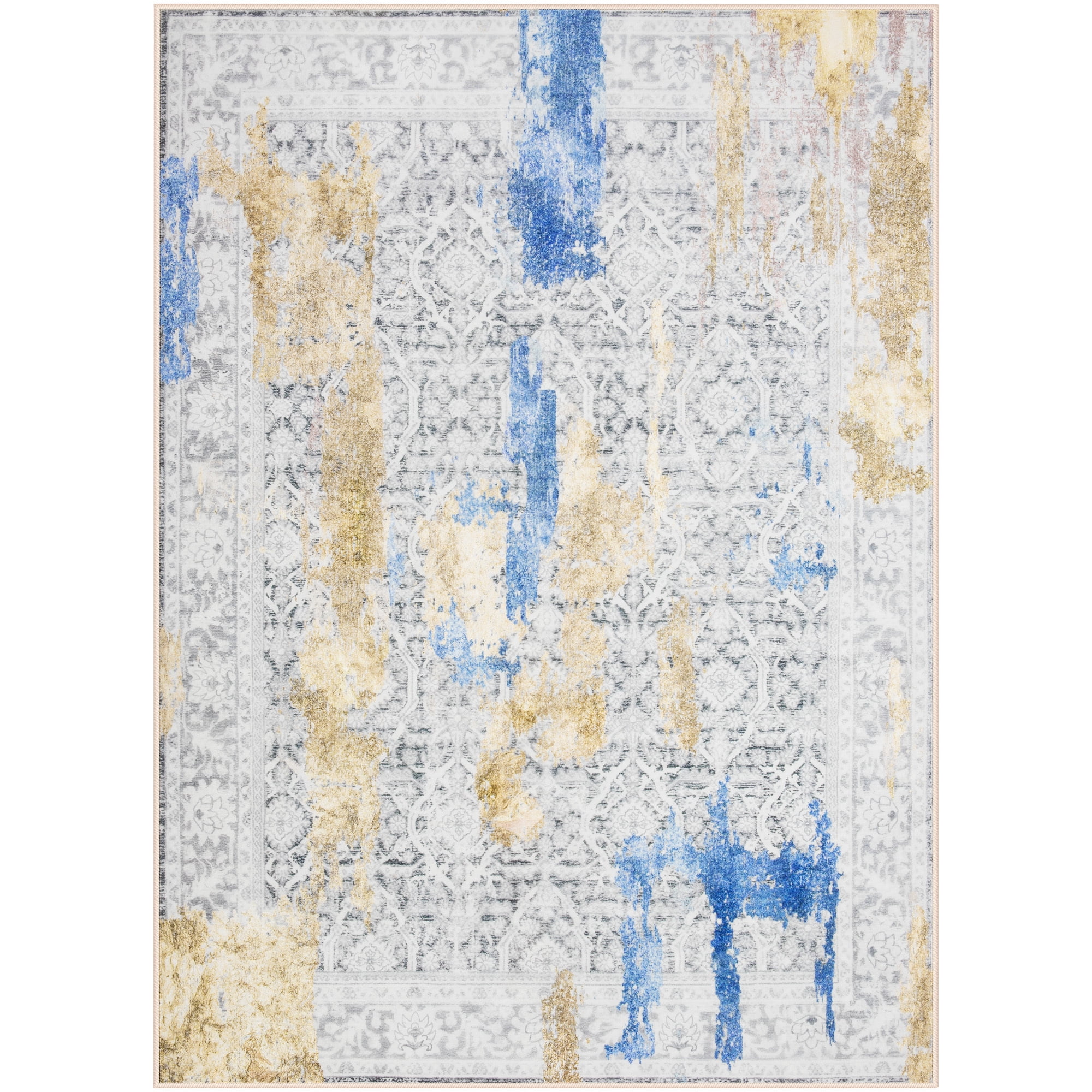Wondo 6x9 Modern Abstract Area Rugs - Gold and Blue Low Pile Washable Carpet for Living Room, Bedroom, Nursery, Office, Kitchen - Non-Slip Stain Resistant Soft Rug for Indoor Use
