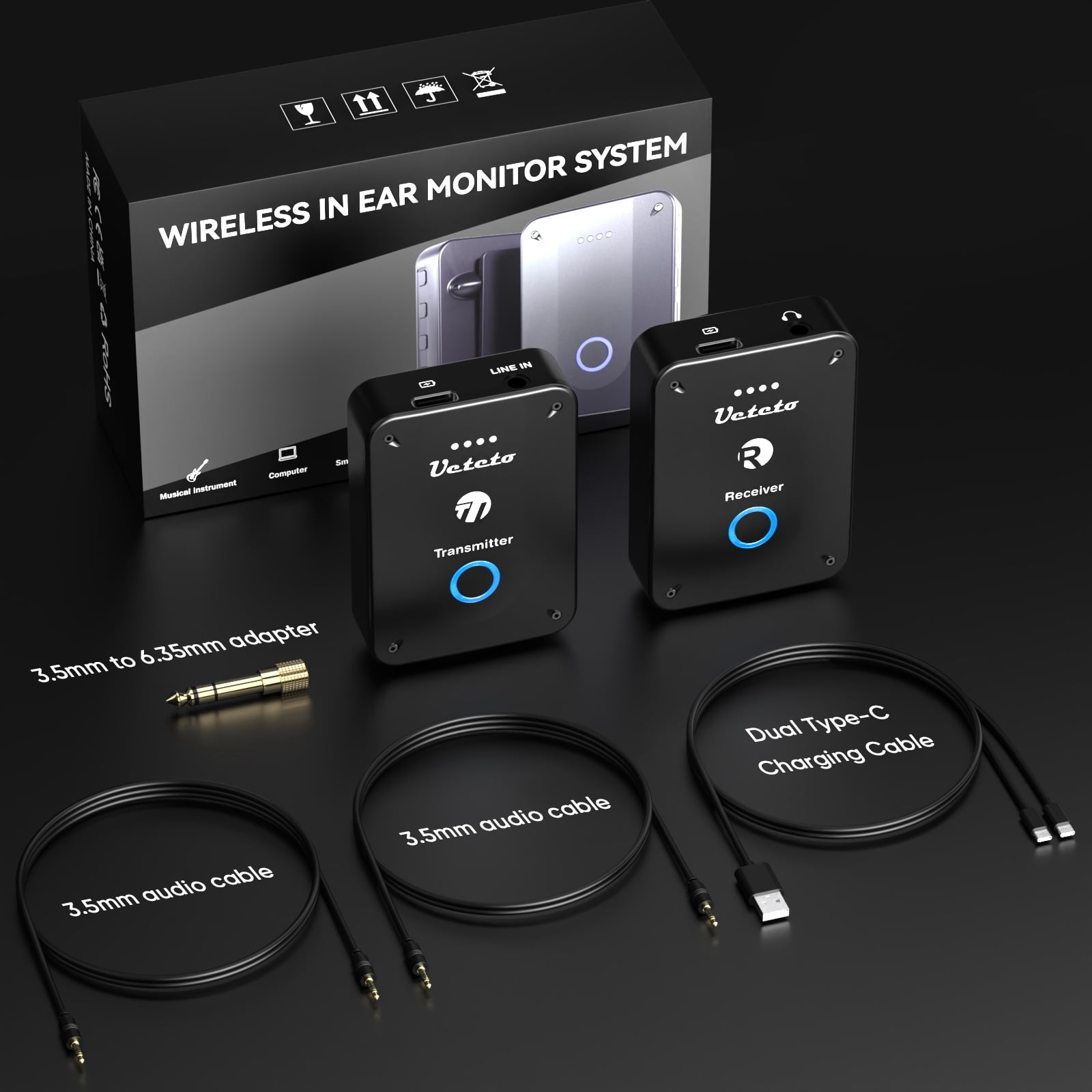 Ueteto Wireless in Ear Monitor System 2.4G Stereo IEM System with Transmitter Beltpack Receiver Automatic Pairing, for Studio, Band Rehearsal, Live Performance