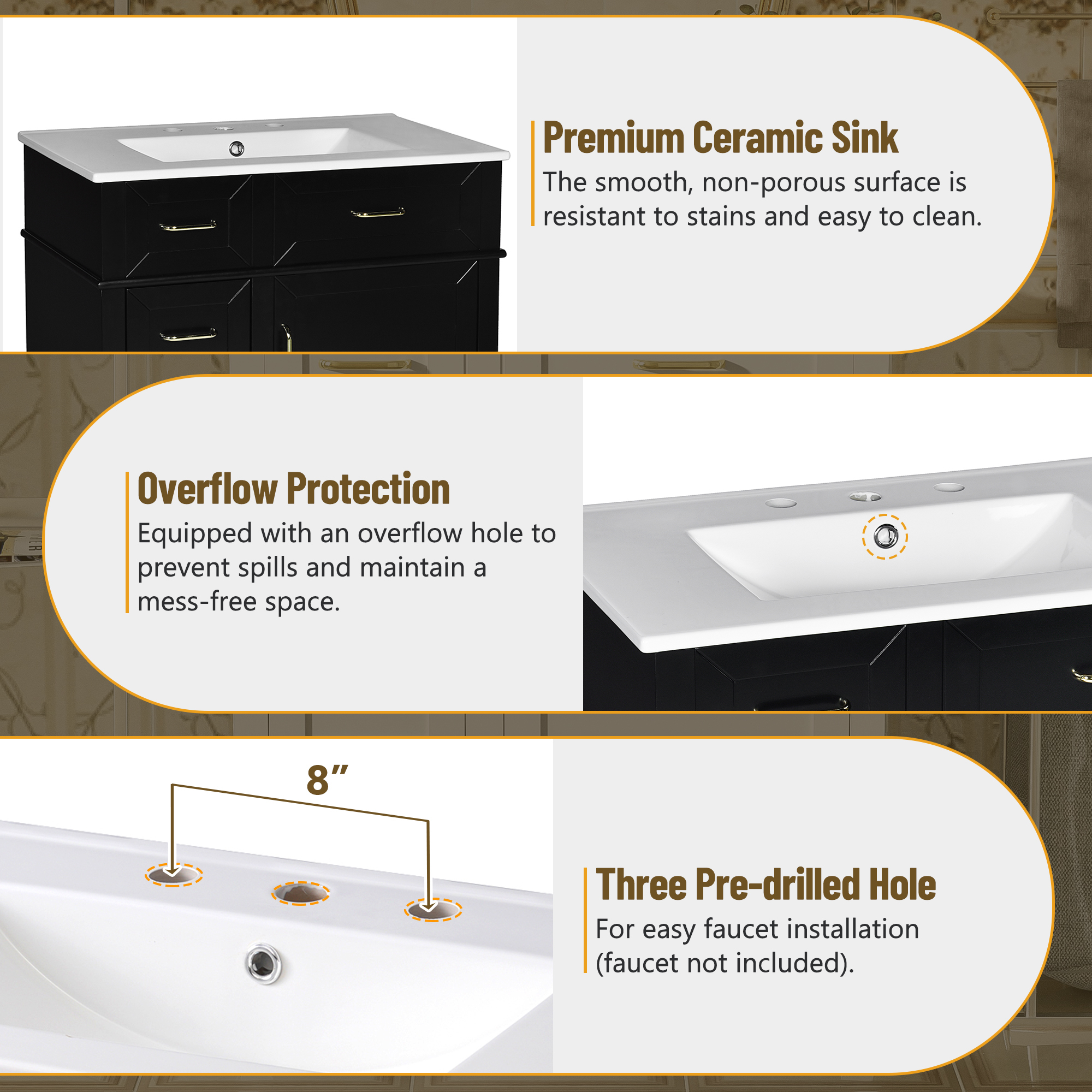 EUROCO 30" Bathroom Vanity with Ceramic Sink,Solid Wood Bathroom Makeup Cabinet with Soft Close Door,Adjustable Shelf and 3 Drawers,Free Standing Single Basin Vanity Set for Bathroom,Black