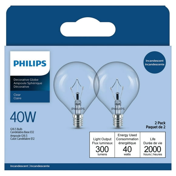 PHILIPS 40W G16.5 Candelabra Base Clear Globe Light Bulbs 2-Pack