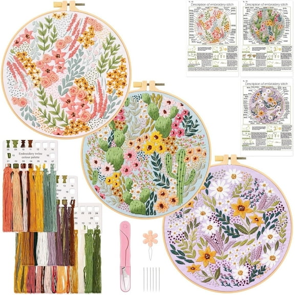 3 Pack Embroidery Kit for Beginners, Sewing Cross Stitch Starter Set with Flowers and Plants Pattern Stamped Cloth Hoops Threads and Needles, DIY Handmade Sewing Crafts
