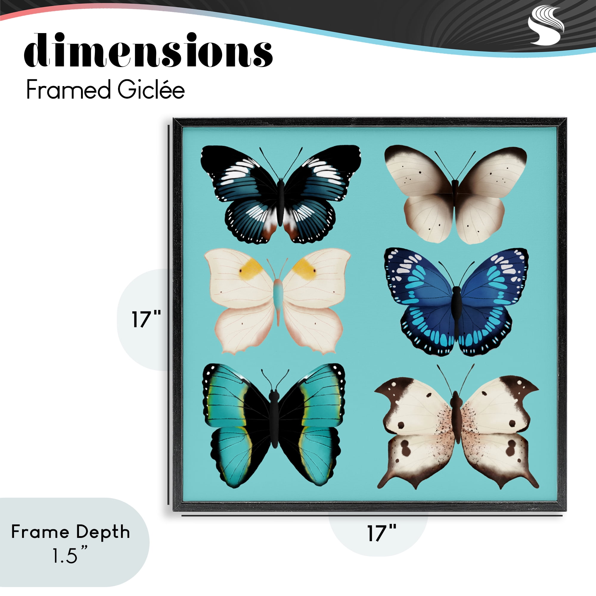 Stupell Industries Six Diverse Butterflies on Turquoise Black Framed Giclee Art, design by Metka Hiti