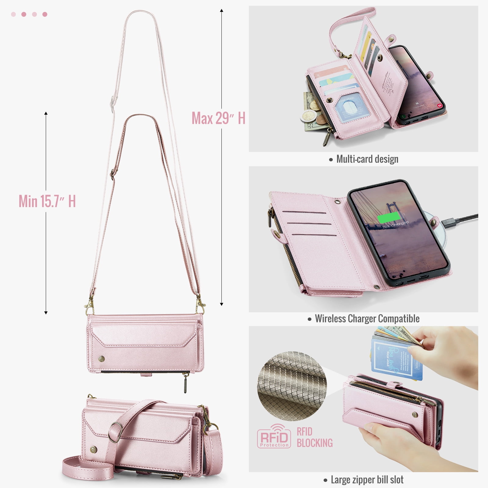 Decase Wallet Case for Samsung Galaxy S26,Flip RFID Blocking Shockproof TPU Cover with 10 Card Slots,Cash Slot,Zipper Coin Pocket,Crossbody PU Leather Phone Cover,Pink
