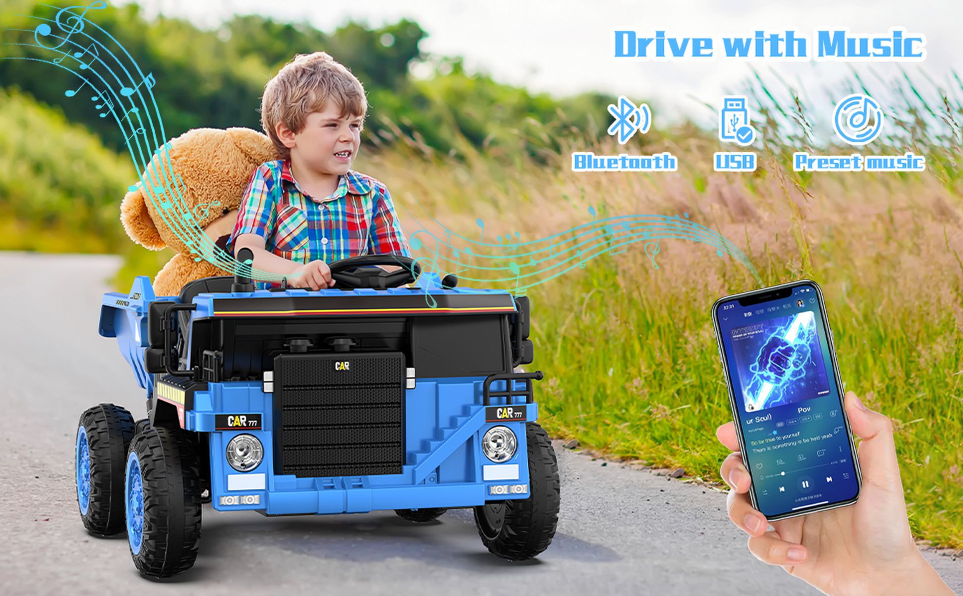 TOKTOO 12V Powered Ride on Dump Truck, Kid Electric Car with Remote Control, Music Player, Electric Dump Bed-Blue - image 5 of 13