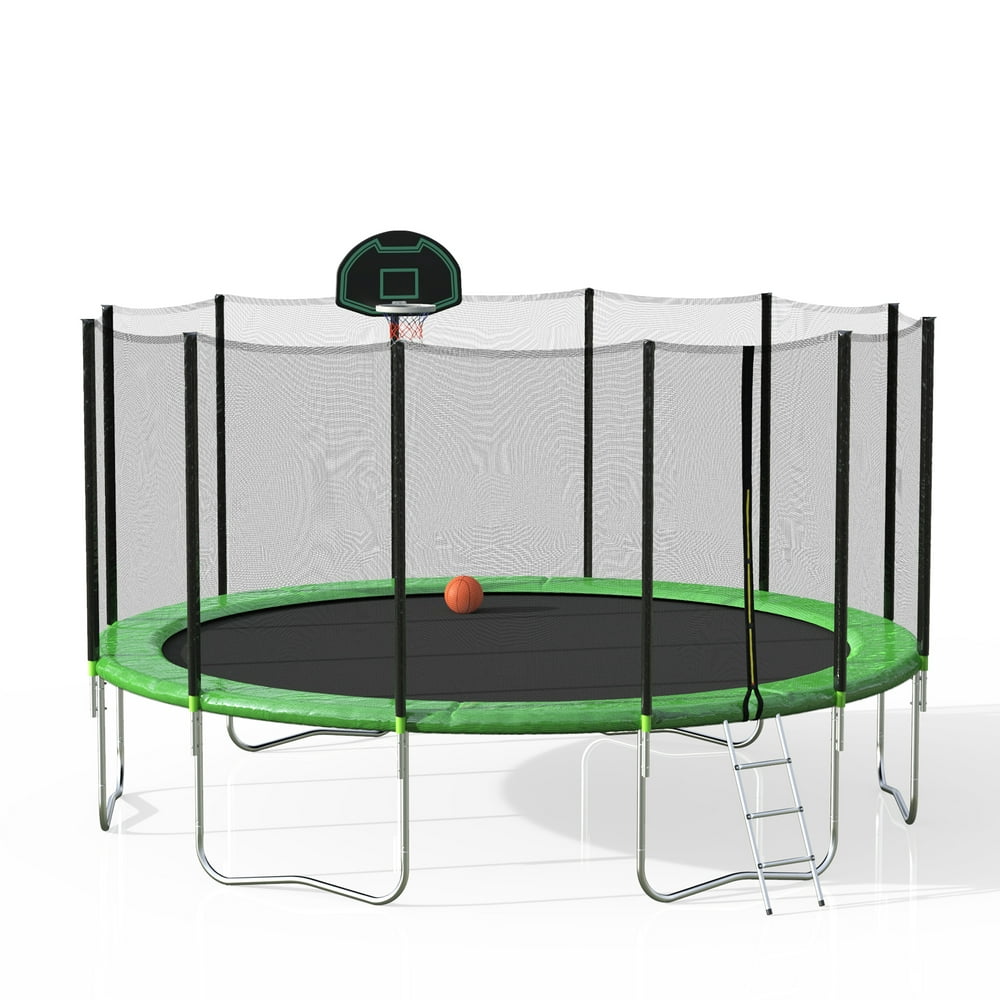 16-Feet Round Trampoline with Safety Enclosure, Basketball Hoop and ...