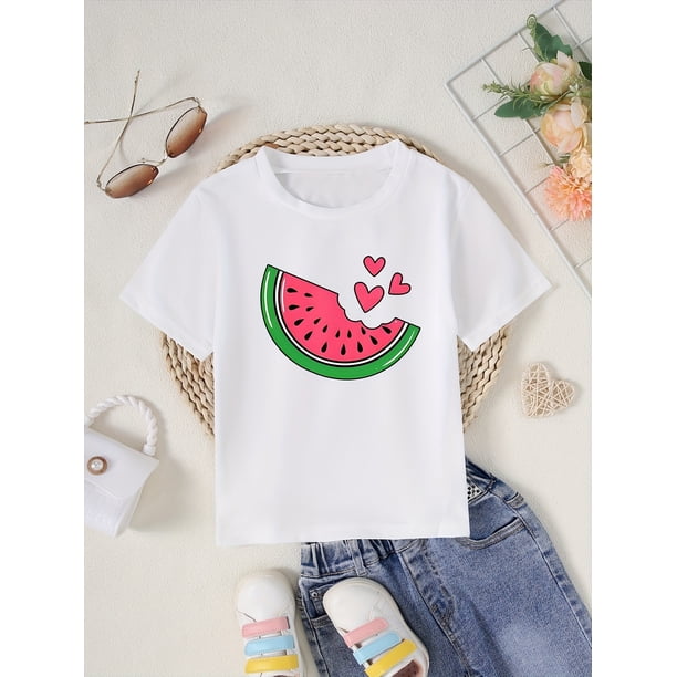 1pc Girls' Cute Watermelon Cartoon Graphic T-Shirt - Casual Crew Neck, Short Sleeve, Soft Polyester Knit Top for Summer - Black with Green & Pink Design