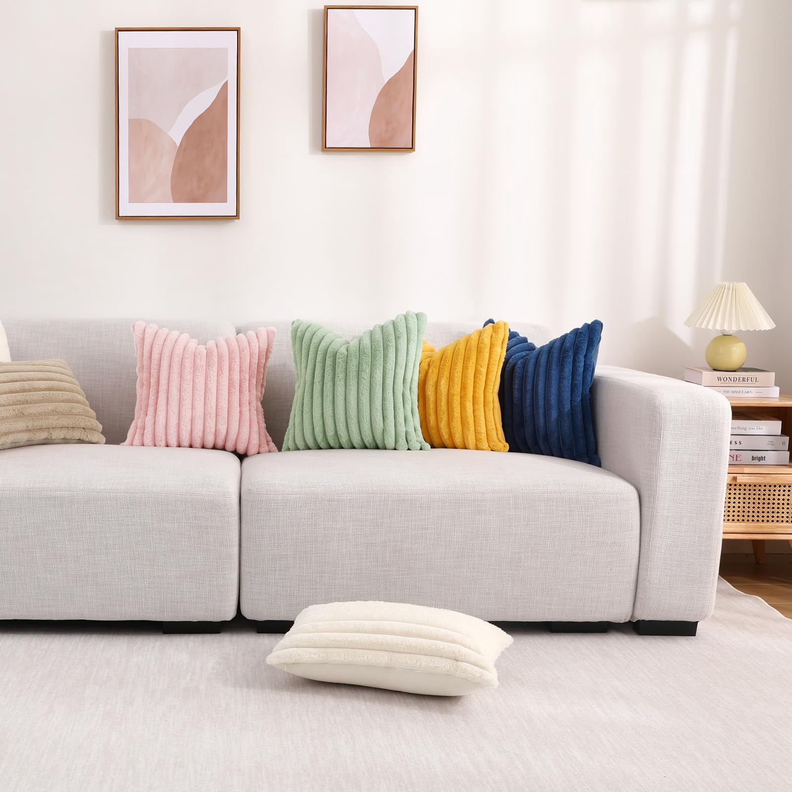 decorUhome Pack of 2 Faux Fur Plush Throw Pillow Covers 26x26, Soft Fluffy Striped Decorative Couch Pillow Covers , Beige
