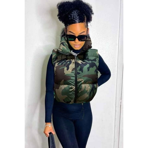 Drawstring Hem Camouflage Sleeveless Puffer Jacket (XL, MultiGreen)
