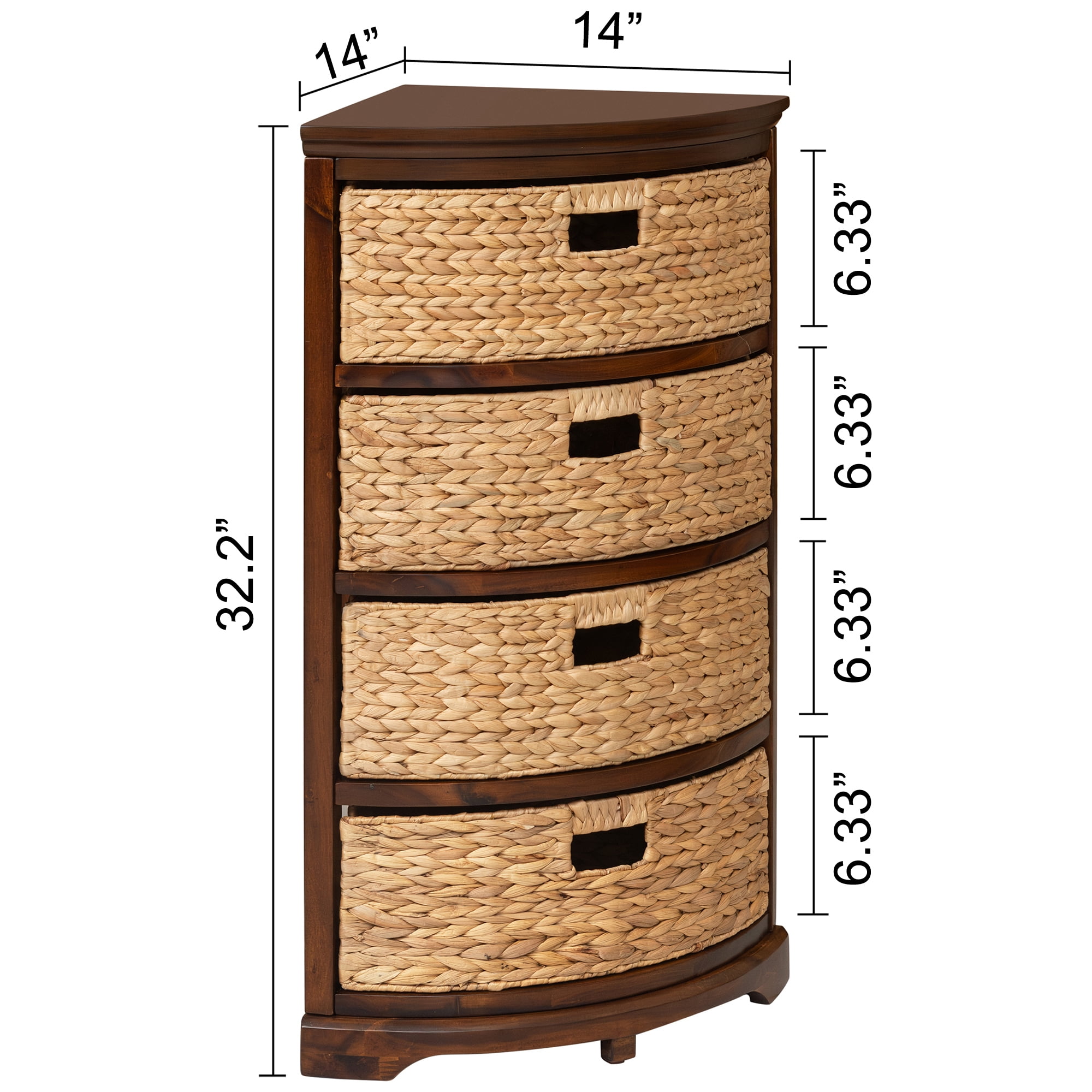 eHemco Hampton Meadows 4 Tier X-Side Corner Storage Cabinet with 4 Wicker Baskets, Walnut