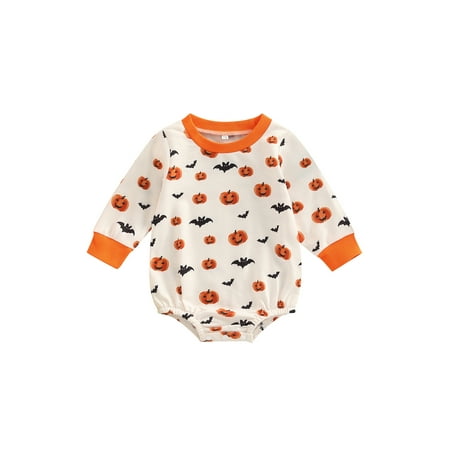 

Calsunbaby Halloween Toddler Baby Boys Girls Romper Long Sleeve Pumpkin Bat Pattern Bodysuit Contrast Color Jumpsuit Beige 6-12 Months