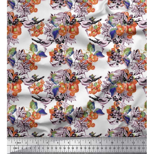 Soimoi Poly Georgette Fabric Berries,Floral & Bird Print Fabric by The Yard 52 Inch Wide