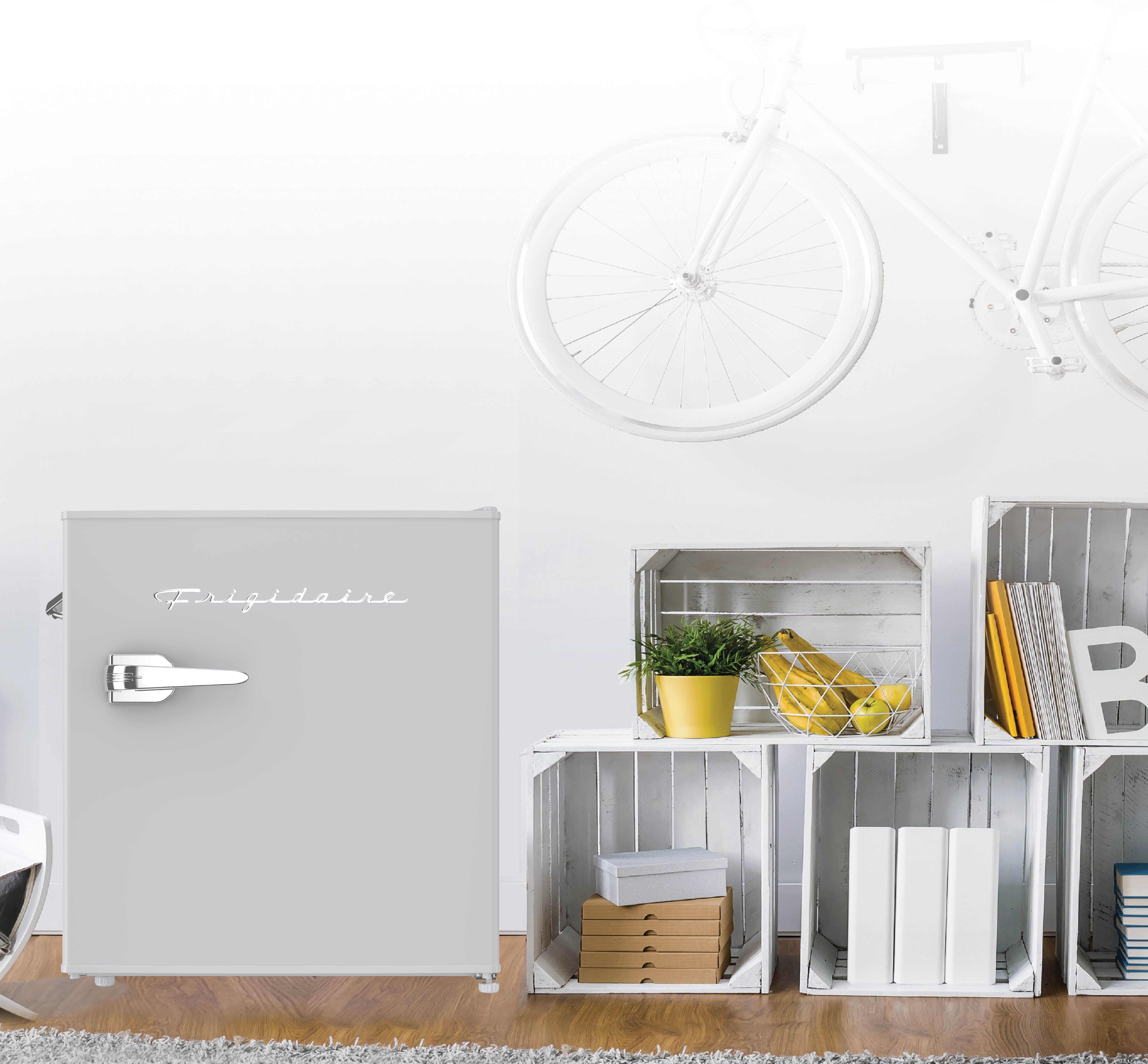 Frigidaire 1.6 Cu. ft. Compact Retro Refrigerator with Chiller Compartment, Mini Fridge with Side Bottle Opener, Moonbeam