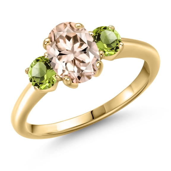 Gem Stone King 10K Yellow Gold Peach Morganite and Green Peridot Engagement Ring for Women | 1.60 Cttw | Oval 8X6MM | Gemstone October Birthstone | Size 9