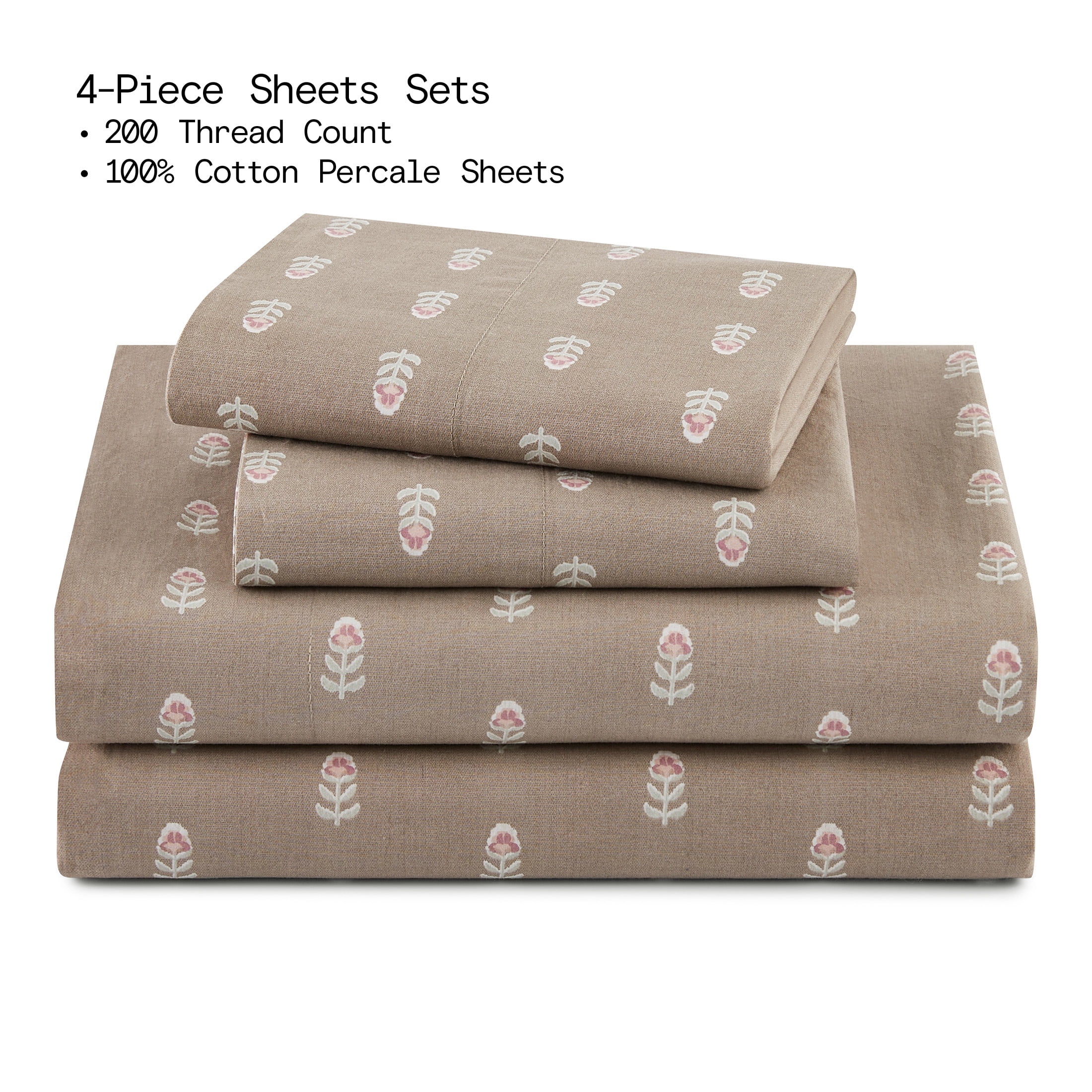 Beautiful Signature Floral 4-Piece Percale Fawn Sheet Set, King by Drew Barrymore, BEAUTIFUL BT 200 PERCALE BRN K