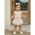 thumbnail image 5 of BemeyourBBs Baby Girl Cutest Little Sister Outfit Newborn Baby Girls Summer Clothes 0 3 6 12 18 Months Letter Embroidery Frills Sleeveless Waffle Romper Elastic Waist Ruffled Skirt Headband 3Pcs Set, 5 of 9