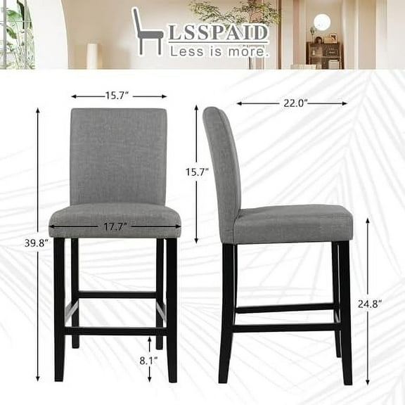 LSSPAID Bar Stools Set of 2, 24.8 Inch Upholstered Fabric Counter Height Stools, Modern Kitchen Island Wood Bar Chairs Barstools with Backrest and Solid Wood Legs, Grey