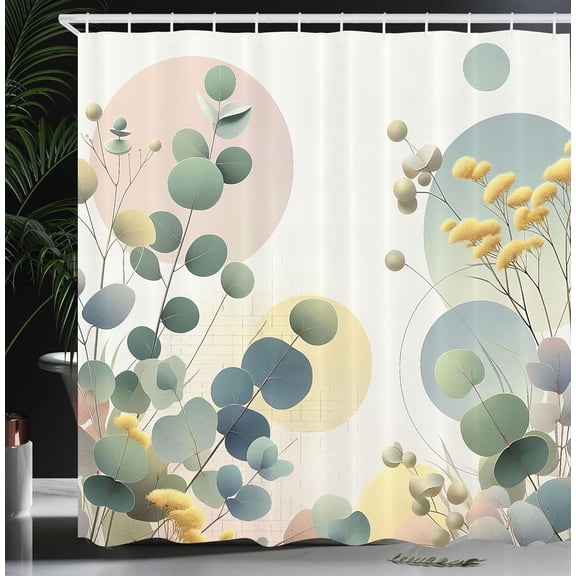 Eucalyptus Leaves Shower Curtain, Pastel Meadow of Branches and Wildflowers on Modern Circles, Cloth Fabric Bathroom Decor Set with Hooks, 69" W x 84" L, Laurel Green Blue Cream
