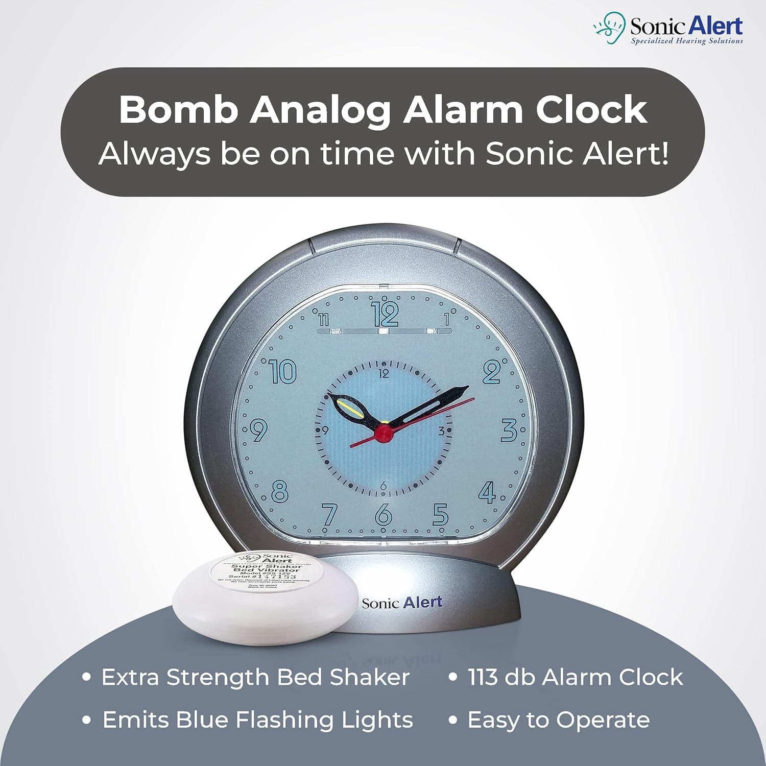 Sonic Alert Sonic Boom Analog Alarm Clock with White Bed Shaker