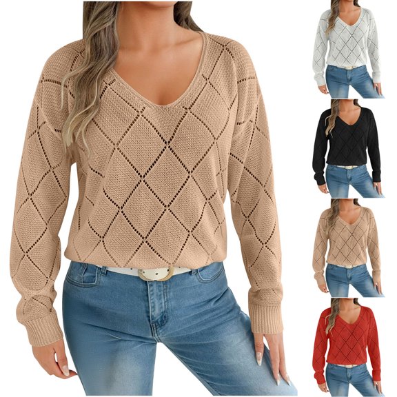 YHAJDS Womens Knit Pullovers Sweater Plaid V Neck Long Sleeve Fashion Knit Shirts Daily Outfits