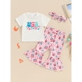 thumbnail image 4 of Raccmtaty Kids Girls 4th of July Outfits Letter Print Short Sleeve T-Shirt and Flare Pants Headbands Set 3 Piece Clothes, 4 of 8