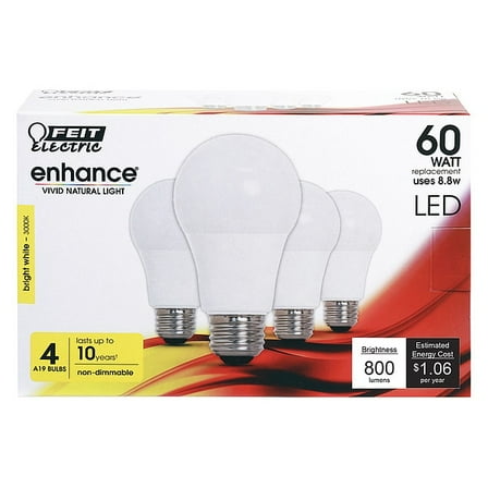 Feit Electric LED,8.8 W,A19,Medium Screw (E26),PK4 OM60/930CA10K/4
