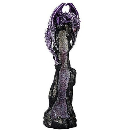 9 Dragons Incense Burner - Purple Dragon on Geode Rock Gemstone Quartz Stick Incense Burner Medieval Fantasy 10.5 Inch H
