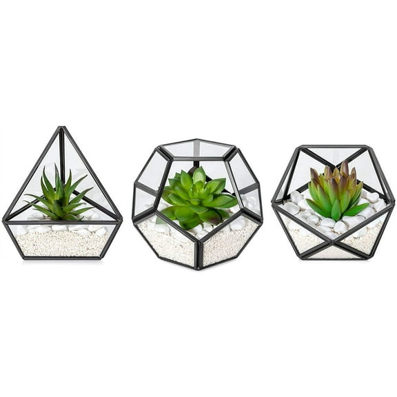 Artificial Succulent in 3 Pack Mini Glass Geometric Terrarium, Miniature Potted Faux Plant Bookshelf Desk Boho Office Room Decor for Women Girls Dorm Gift Idea, Gold