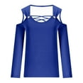 thumbnail image 5 of QUNYINEY Casual Womens T Shirts V-Neck Solid Long Sleeve Blue Tops Cut Out Loose Cold Shoulder Pullover T-Shirts, 5 of 5