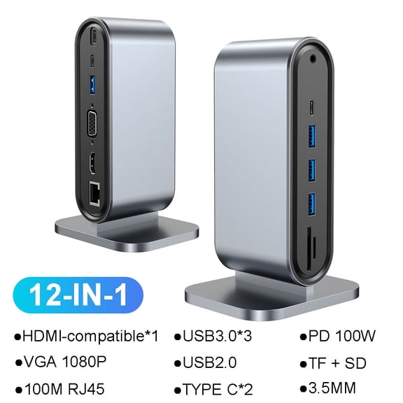 12-in-1 USB C Docking Station TYPE C to Video Output Adapter 4K HD PD 100W VGA RJ45 3.5mm SD TF USB 3.0 Splitter for Laptop Type-C Laptop