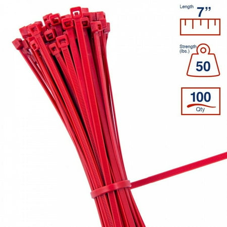 - BCT 7 Inch 50 lb Cable Ties - Medium Duty Industrial/Home Use - Bag of 100 - Red - Zip Ties - Y7502C
