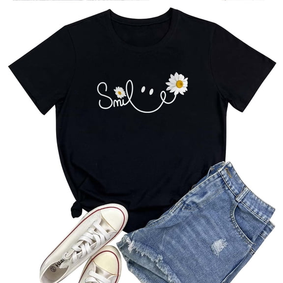 Women's T-Shirt Daisy Smile Face Tee Funny Graphic T-Shirt Soft Cotton Casual Short Sleeve Top