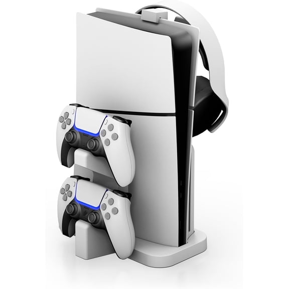 PS5 Slim Vertical Stand with Dual Controller Charger, Silent Fanless Charging Station with Headphone Holder, for PlayStation 5 Slim Disc & Digital