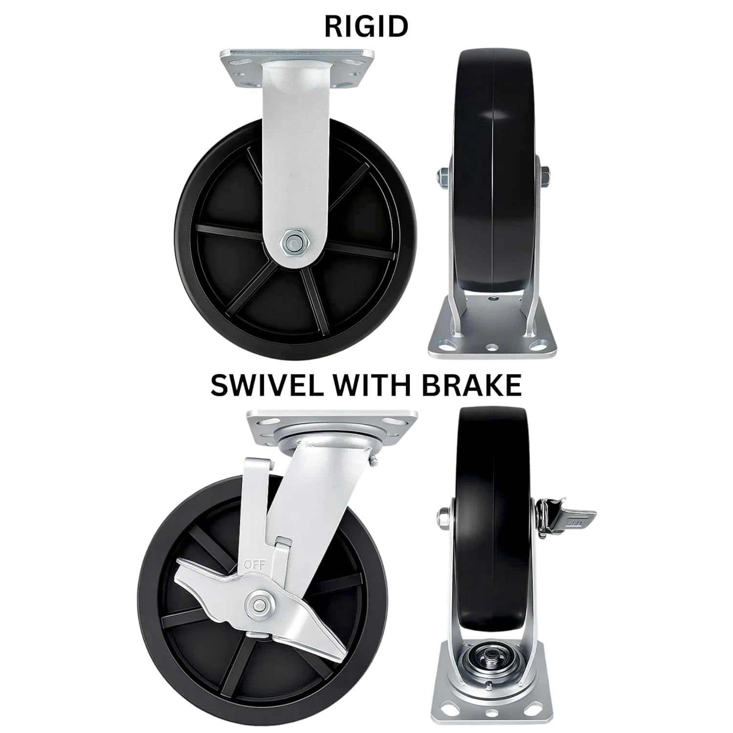 4 Heavy Duty Caster Set 8" Plastic Wheels - 2 Rigid + 2 Swivel with Brake