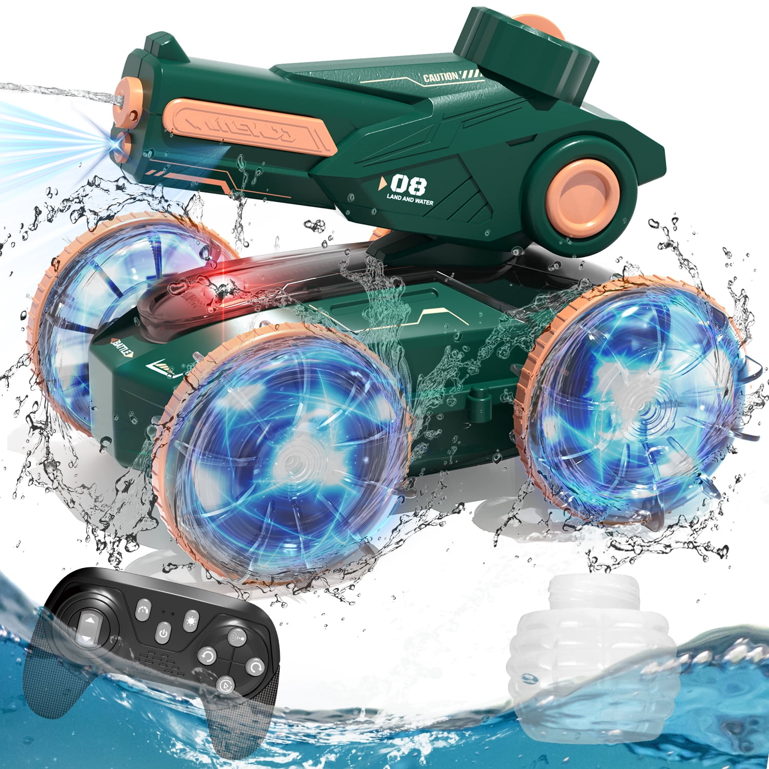 Remote Control Car, 4WD Amphibious RC Boat for Kids, 2.4Ghz Monster Truck Toy with Spray & Light, Waterproof RC Boat Toys for Outdoor, RC Car for Boys 8 to 11 Years - Green