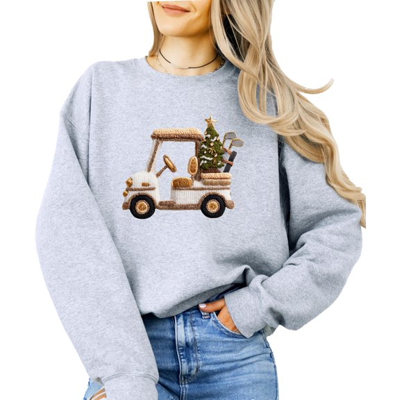 Ink-Printed Image NOT a Yarn Patch - Christmas Golf Cart Sweatshirt for Women Festive Sweater Gray Sweatshirt Adult Medium