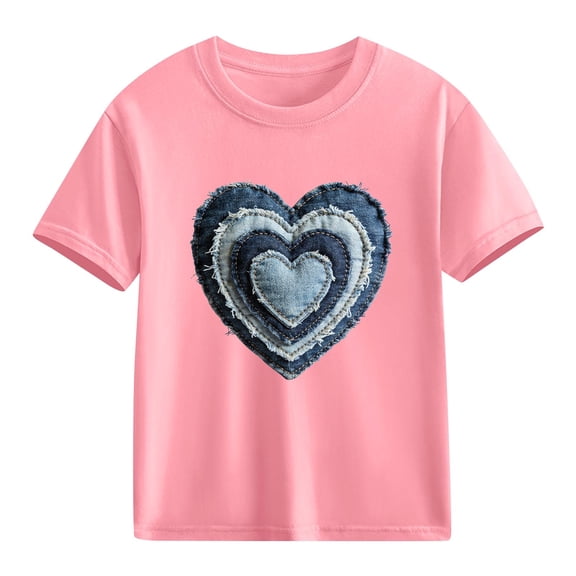 Kids Valentine Shirt for Girls Pink Heart T-Shirt Layered Denim Detail Short Sleeve Cotton Top Casual,Size 9 T