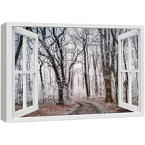 wall26 Canvas Print Wall Art Window View Rustic Winter Snow Forest Tree Path Wilderness Nature Photography Realism Scenic Landscape Colorful Multicolor for Living Room, Bedroom, Office - 16"x24&