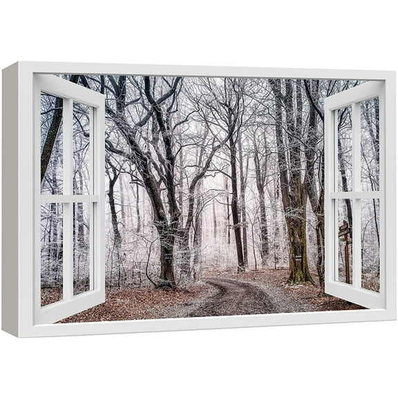 wall26 Canvas Print Wall Art Window View Rustic Winter Snow Forest Tree Path Wilderness Nature Photography Realism Scenic Landscape Colorful Multicolor for Living Room, Bedroom, Office - 16"x24&