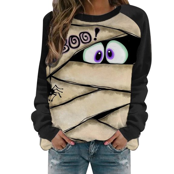 Yuanlong Womens Sweatshirts Halloween Mummy Eyes Graphic Long Sleeve Pullover Shirt Funny Relaxed Fit Fall Holiday Casual Top