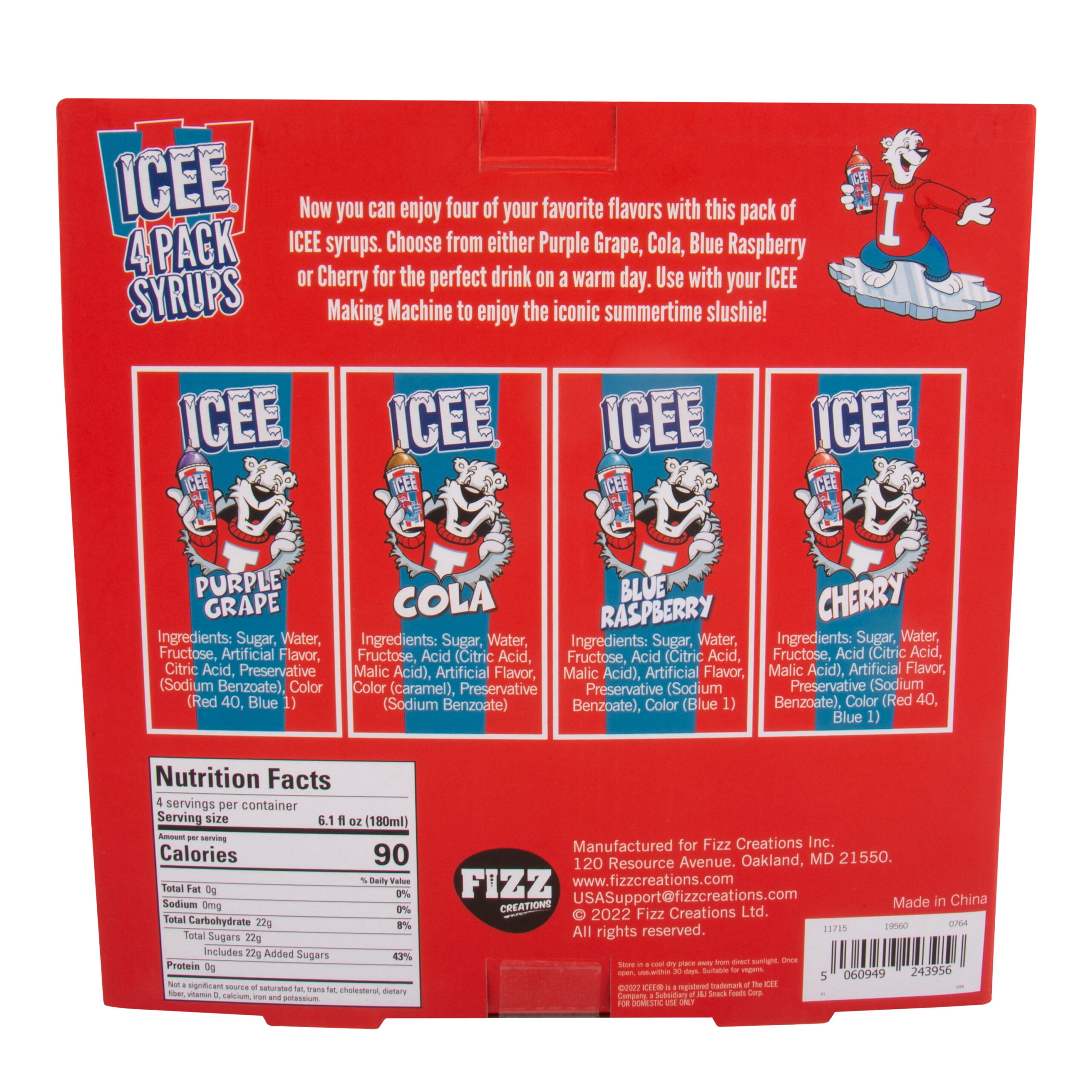 ICEE 4-Pack Slushie Syrups, 6.1 fl oz Bottles, Grape, Cola, Blue Raspberry, Cherry Flavors