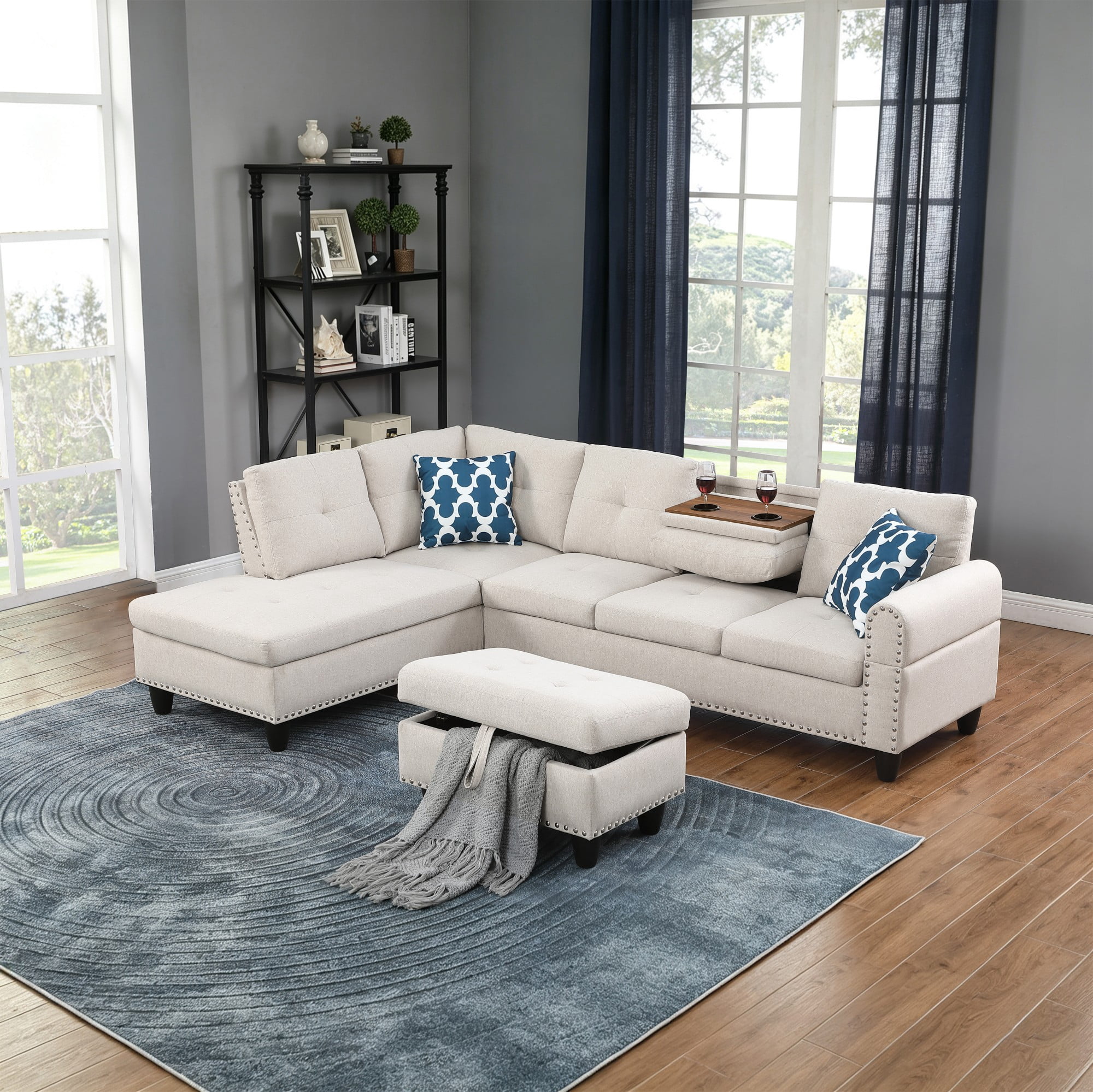 BSHTI 3-Seat Contemporary Linen L-Shaped Sectional Sofa with Reversible Storage Chaise, Storage Ottoman, Cup Holders for Living Room（Beige）